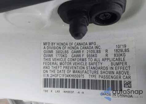 2019 Honda Civic Ex from USA, damaged, VIN 2HGFC1F34KH650975